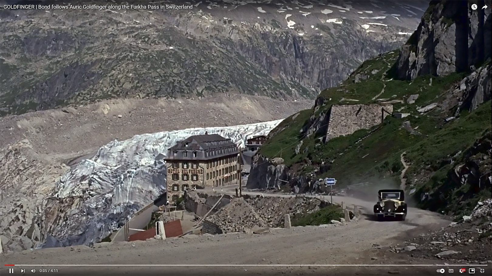 Belvedere und Rhonegletscher: Screenshot aus dem 007 Original-Movie 1964.