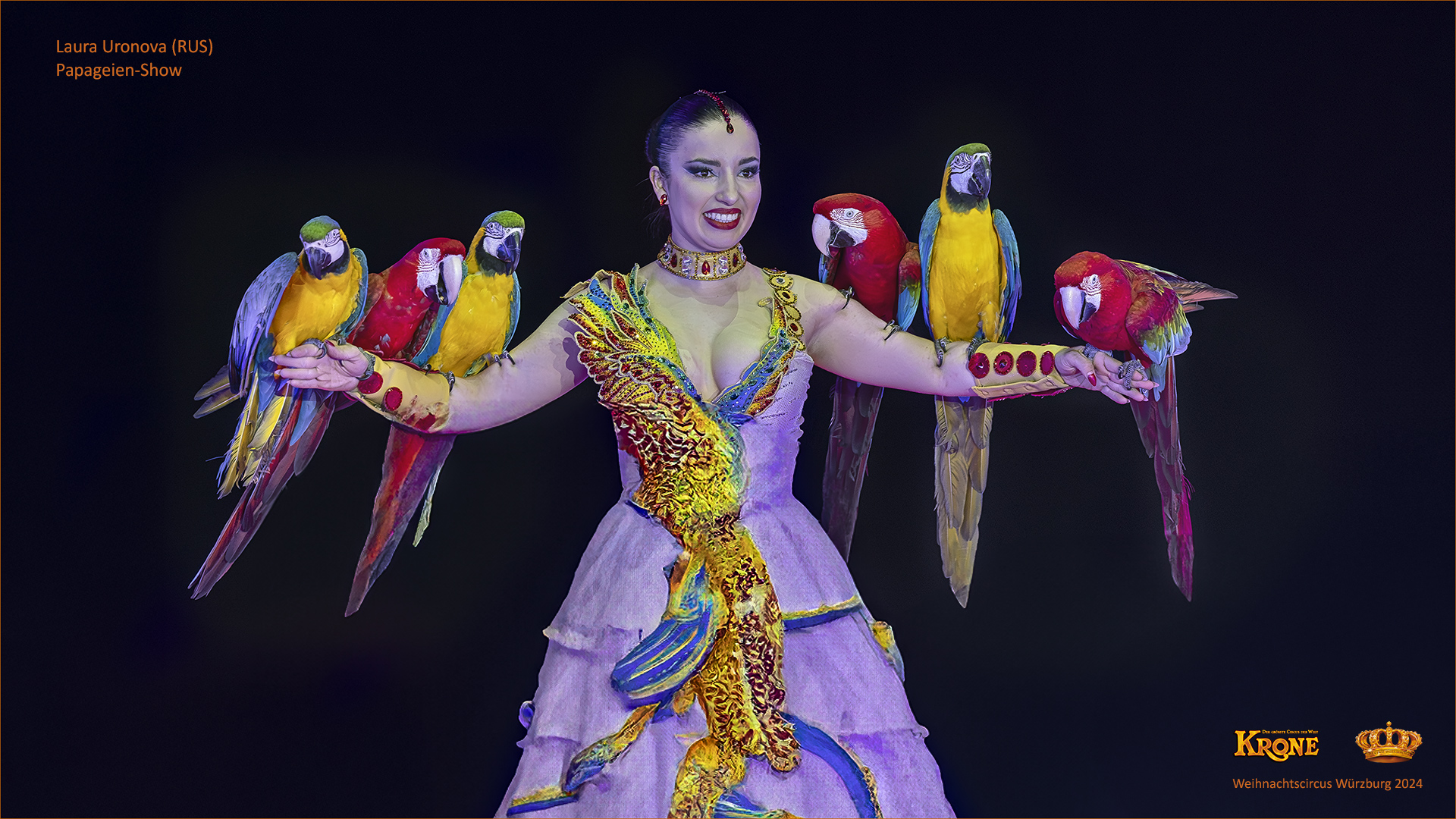 Papageien-Show, Laura Uronova, Weihnachtscircus Krone Würzburg 2024/2025.