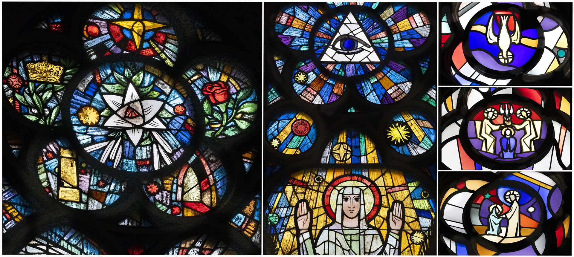 Links: Weihnachtsmotive; Mitte: Gottesauge (Dreifaltigkeit) und Maria; rechts: Hl. Geist, Maria Krönung, Weihnachten.