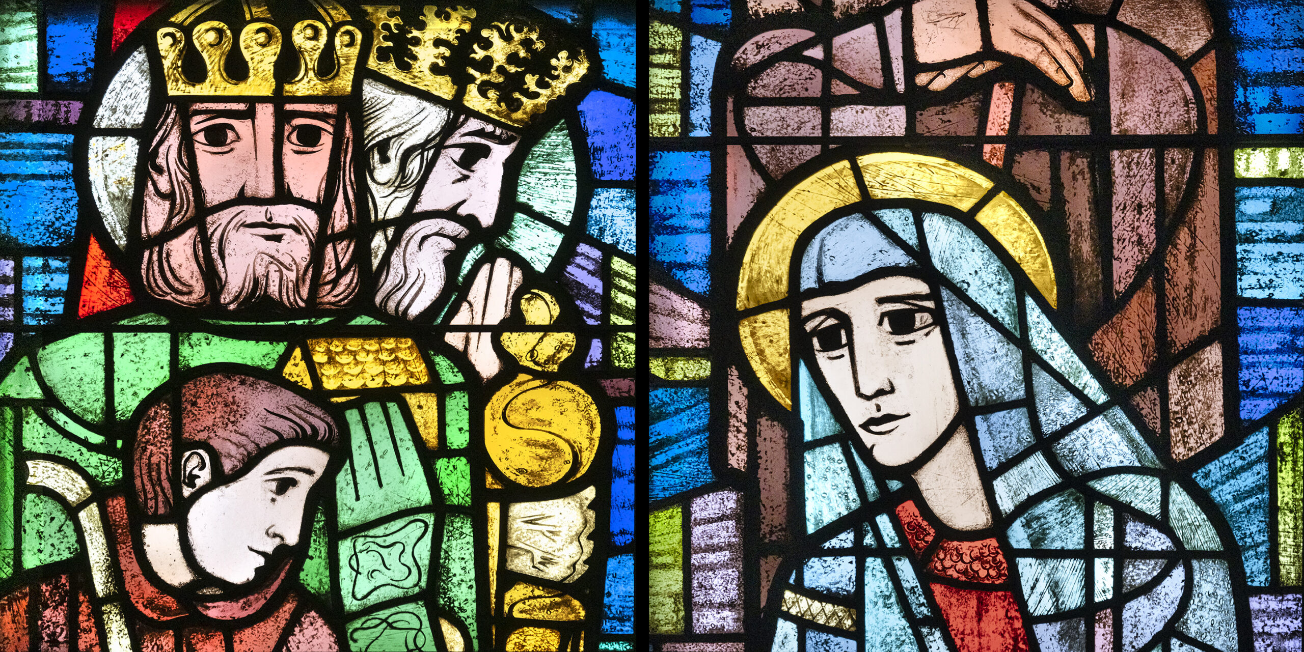 Weihnachtsmotiv; Maria, Hirte, zwei Könige.