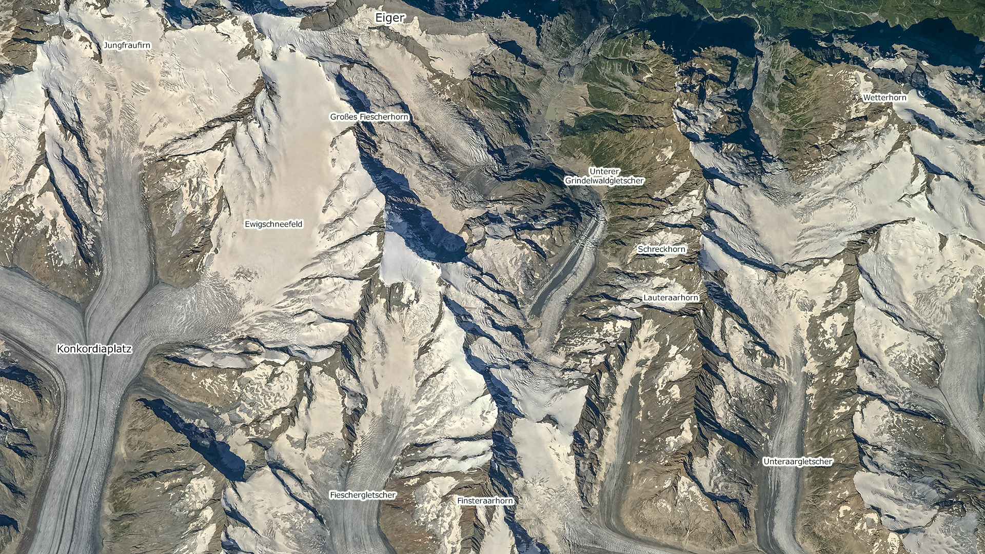 Ausblick von der ISS-Weltraumstation auf die Berner Alpen (2016). Copyright: ESA, free licence.