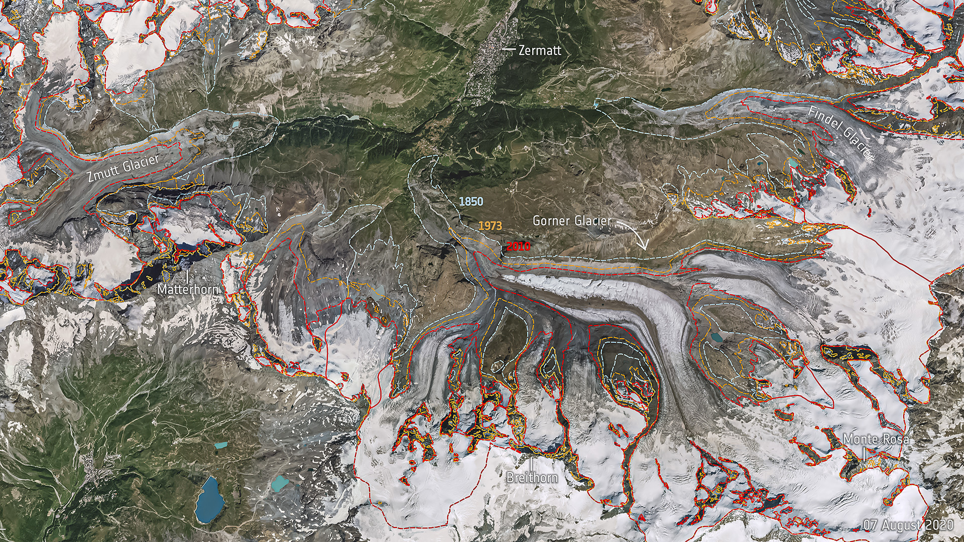 Satellitenaufnahme Walliser Alpen bei Zermatt. Copyright: ESA DARMSTADT, free licence.