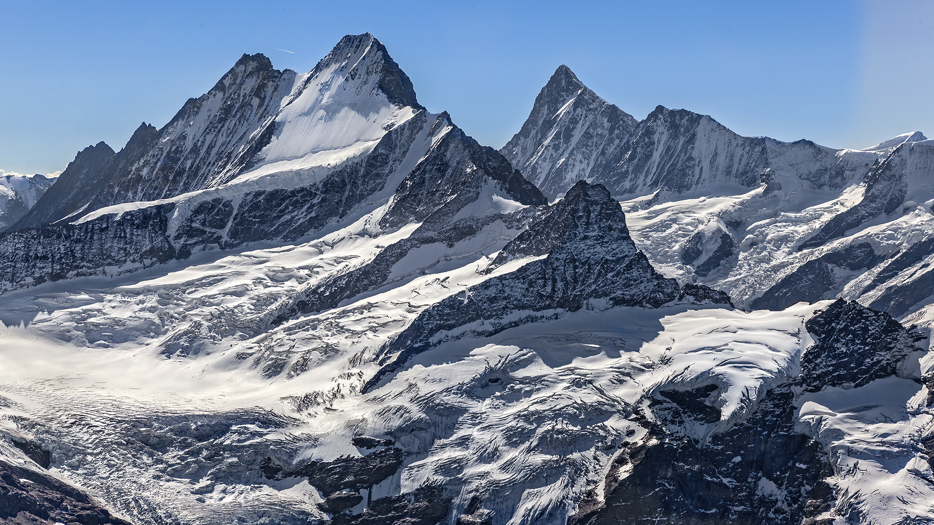 Lauteraarhorn, Schreckhorn und Finsteraarhorn (Berner Alpen).