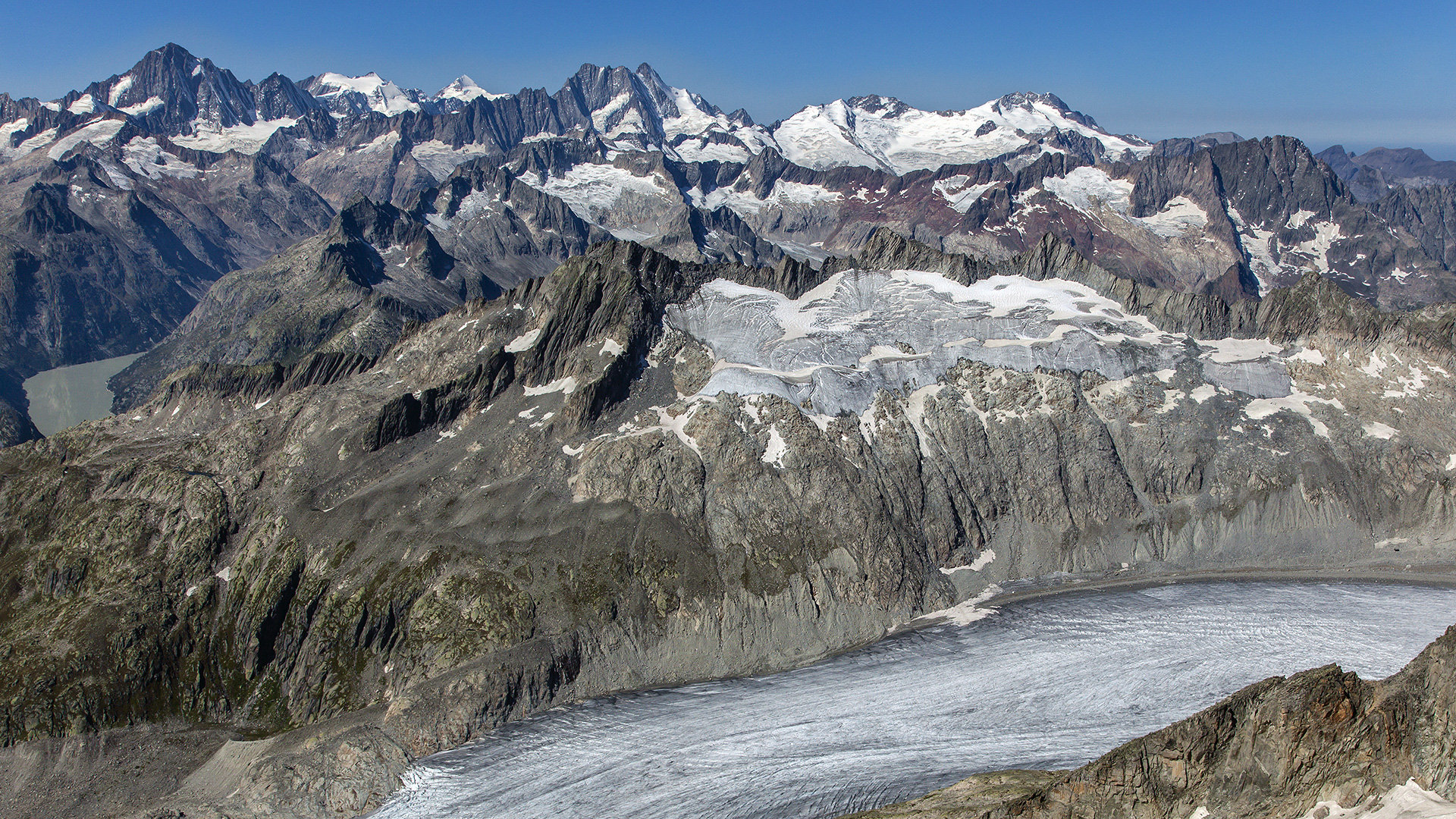 Rhonegletscher mit Grimsel-Ausblick: Finsteraarhorn, Mönch, Lauteraarhorn, Schreckhorn, Wetterhorn-Gruppe.