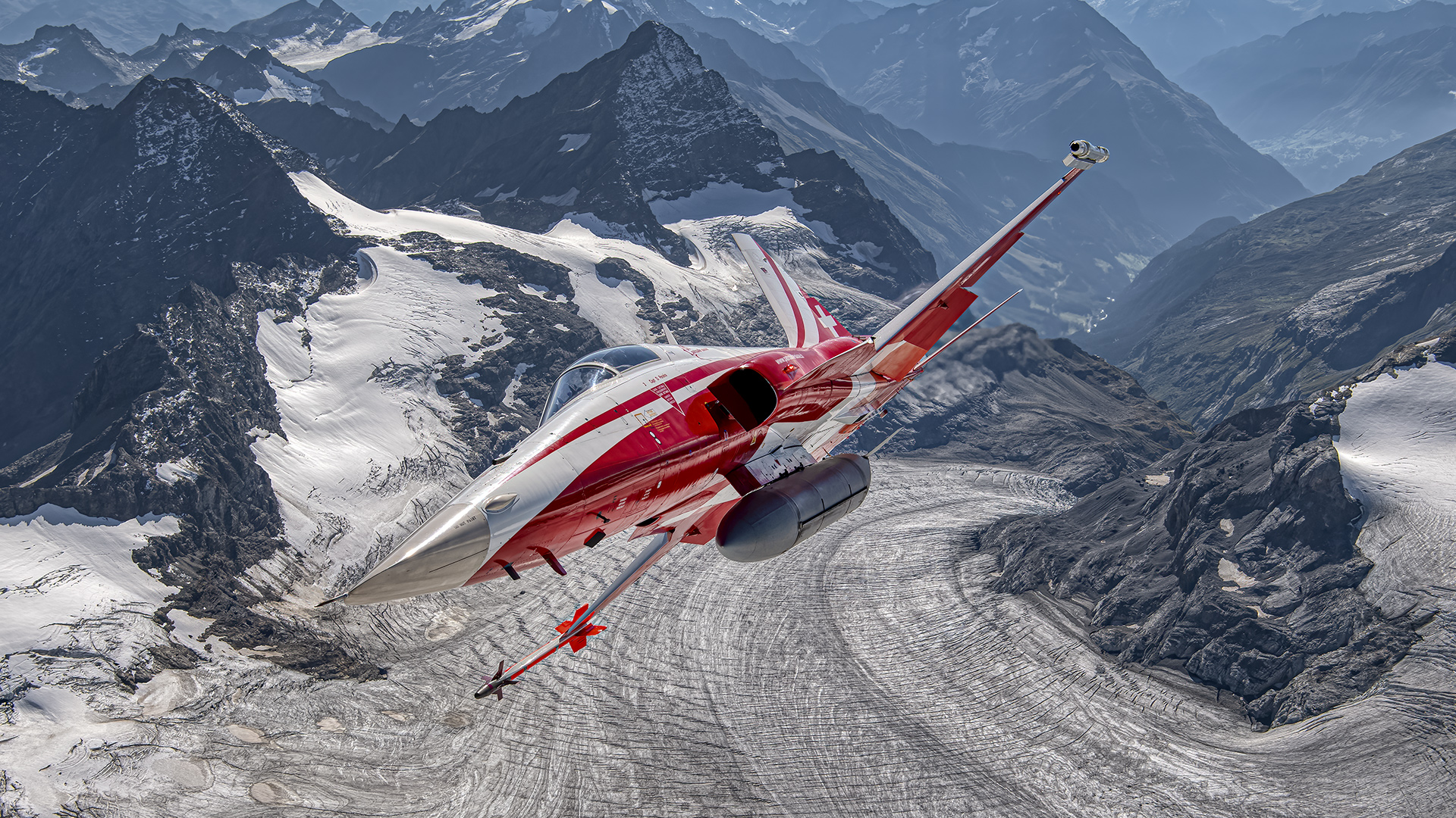 PS - Kunstflugstaffel, Kampfflugzeug, Northrop F-5, Berge, Gletscher, Kampfjet, Air-to-air.