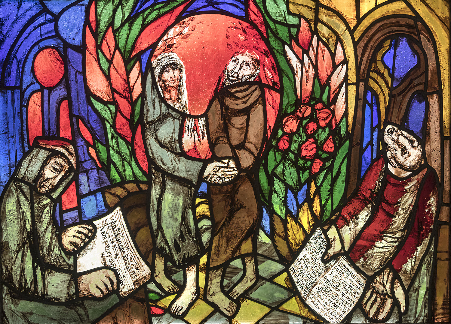 Sieger Köder - Durchbruch: Franziskus von Assisi tanzt mit der Frau Armut in der Freude des Hl. Geistes.