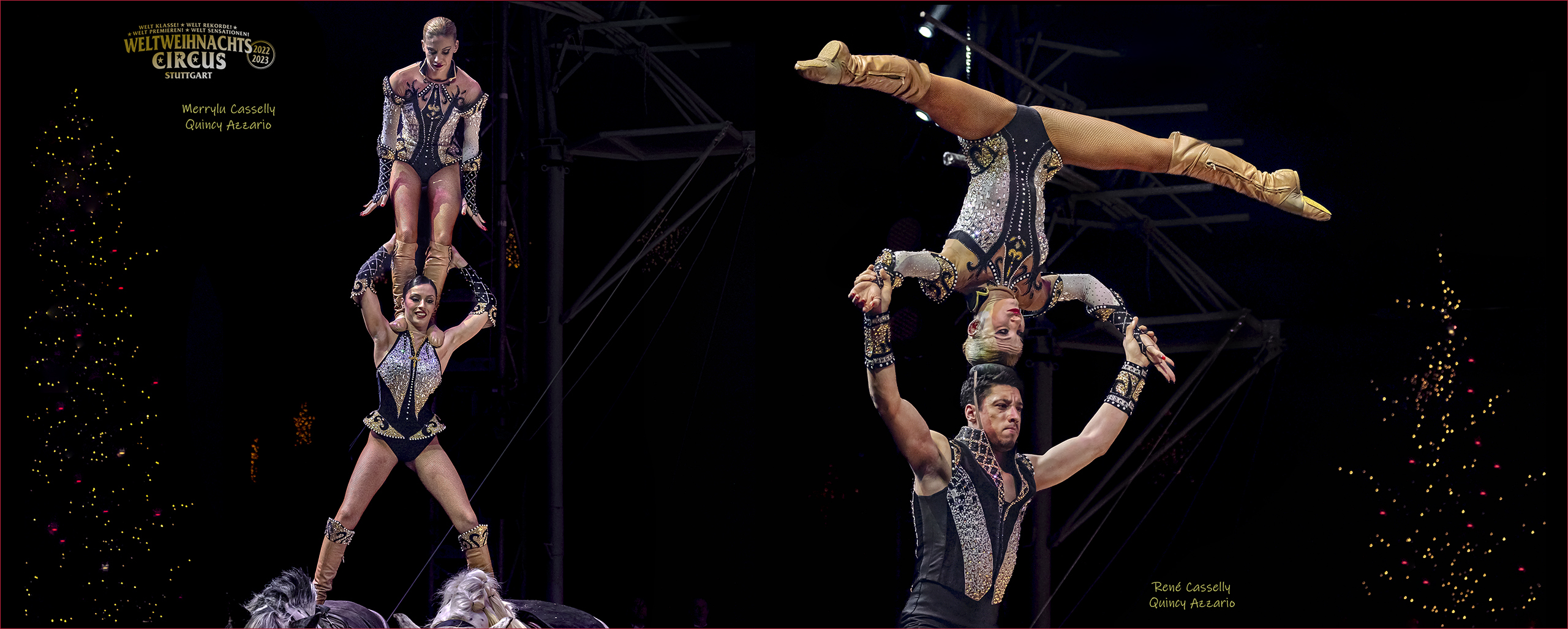 René und Merrylu Casselly sowie Quincy Azzario, Akrobatik auf zwei Pferden, Weltweihnachtscircus Stuttgart 2022.