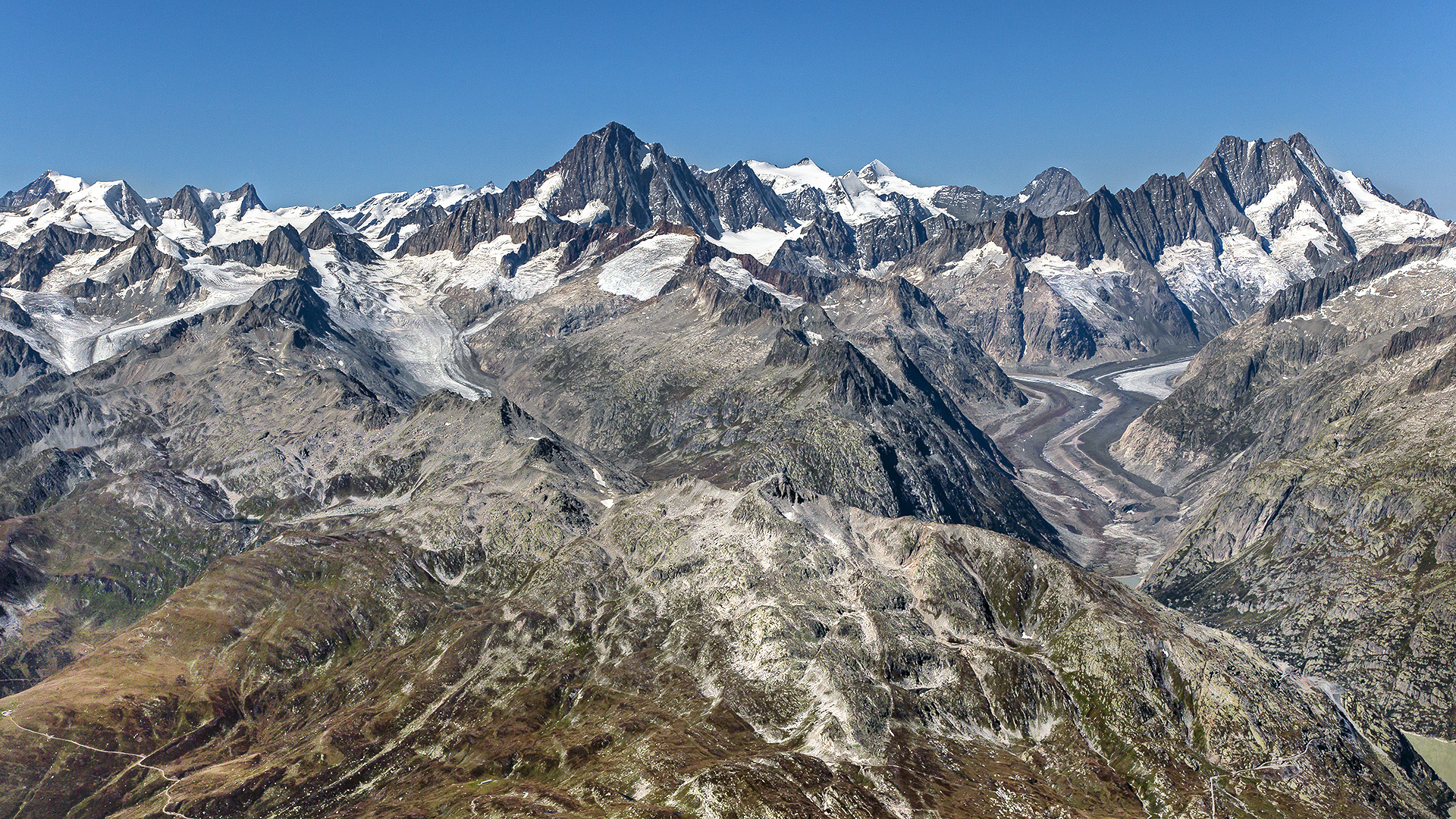 Grimsel-Welt: Aletschorn, Oberaarhorn nebst Gletscher, Finsteraarhorn, Fiescherhörner, Mönch, Eigersüdwand, Lauteraarhorn und Schreckhorn.