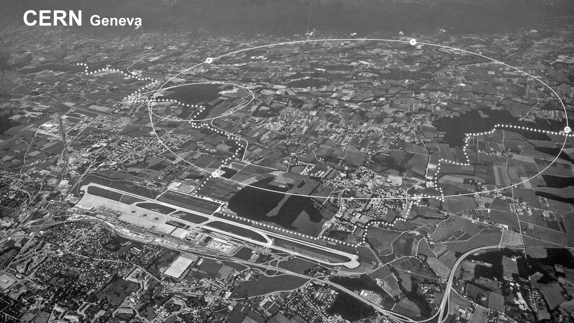 Geneva International Airport aus der Vogelperspektive nebst einer Illustration der CERN-Anlage.