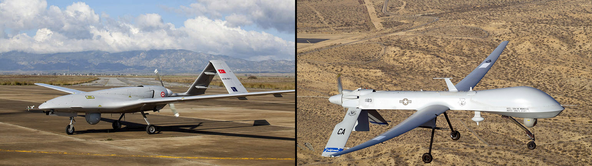 Beispiele: Türkische Kampf- und Aufklärungsdrohne Bayraktar tb2; US-Drohne MQ-1 Predator beim Landeanflug.