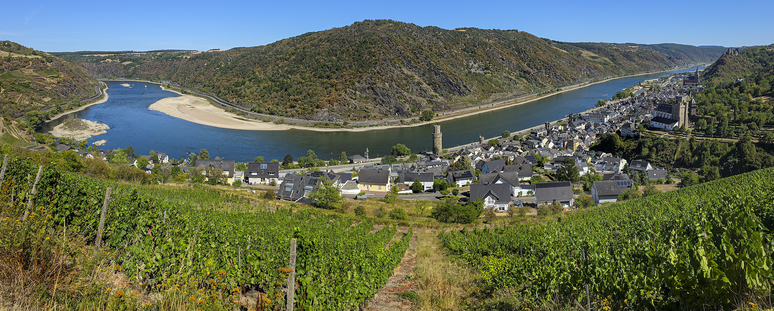 Niedrigwasser am Mittelrhein bei Oberwesel (2026).